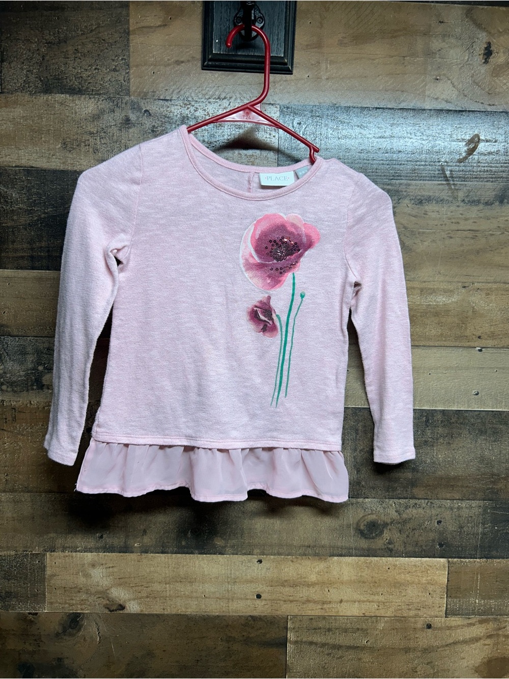 Place Light Pink Long-Sleeve Top with Floral Applique and Ruffle Hem